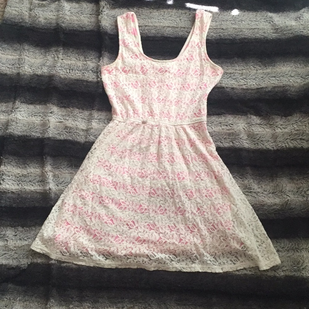 Cream Lace Overlay pink and white stripes